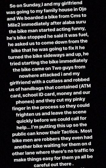 Lady Shares Ordeal With Robbers In Lagos, Warns Nigerians Against Bike Riders