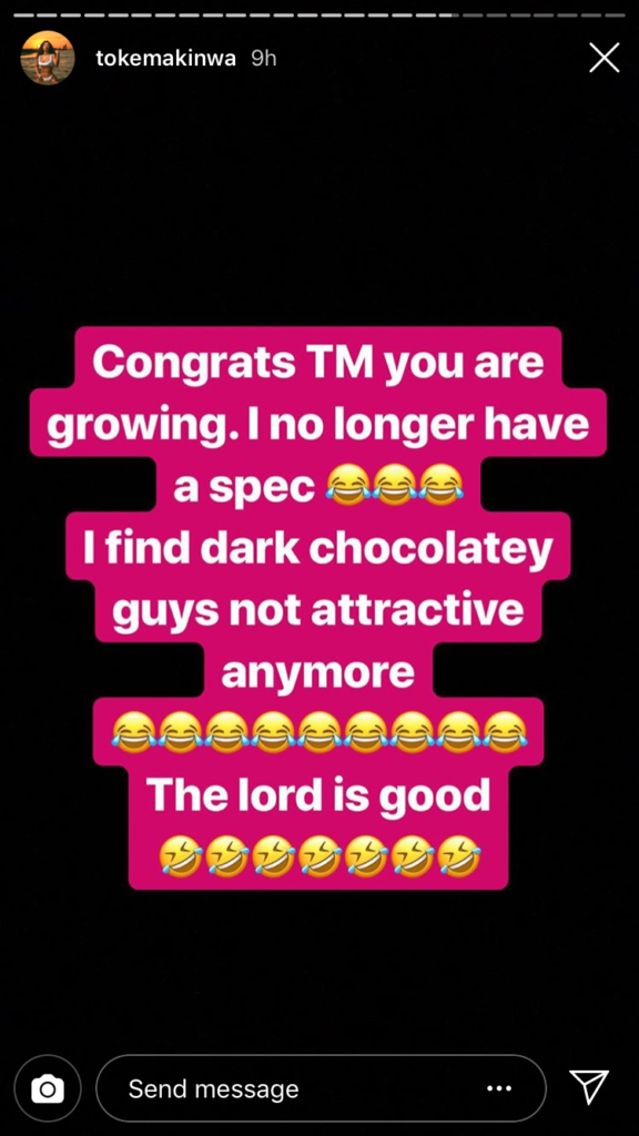 “I no longer find dark chocolatey guys attractive” – Toke Makinwa