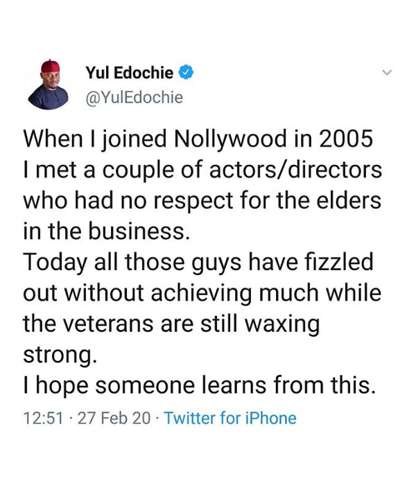 Yul Edochie weighs in on the importance of respect in the Nollywood industry