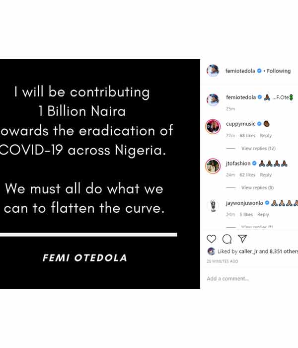 The Billionaire with the big bag, Femi Otedola just announced his donation of N1Billion towards the eradication of covid-19 from Nigeria