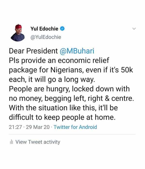 Yul Edochie calls for N50K relief package